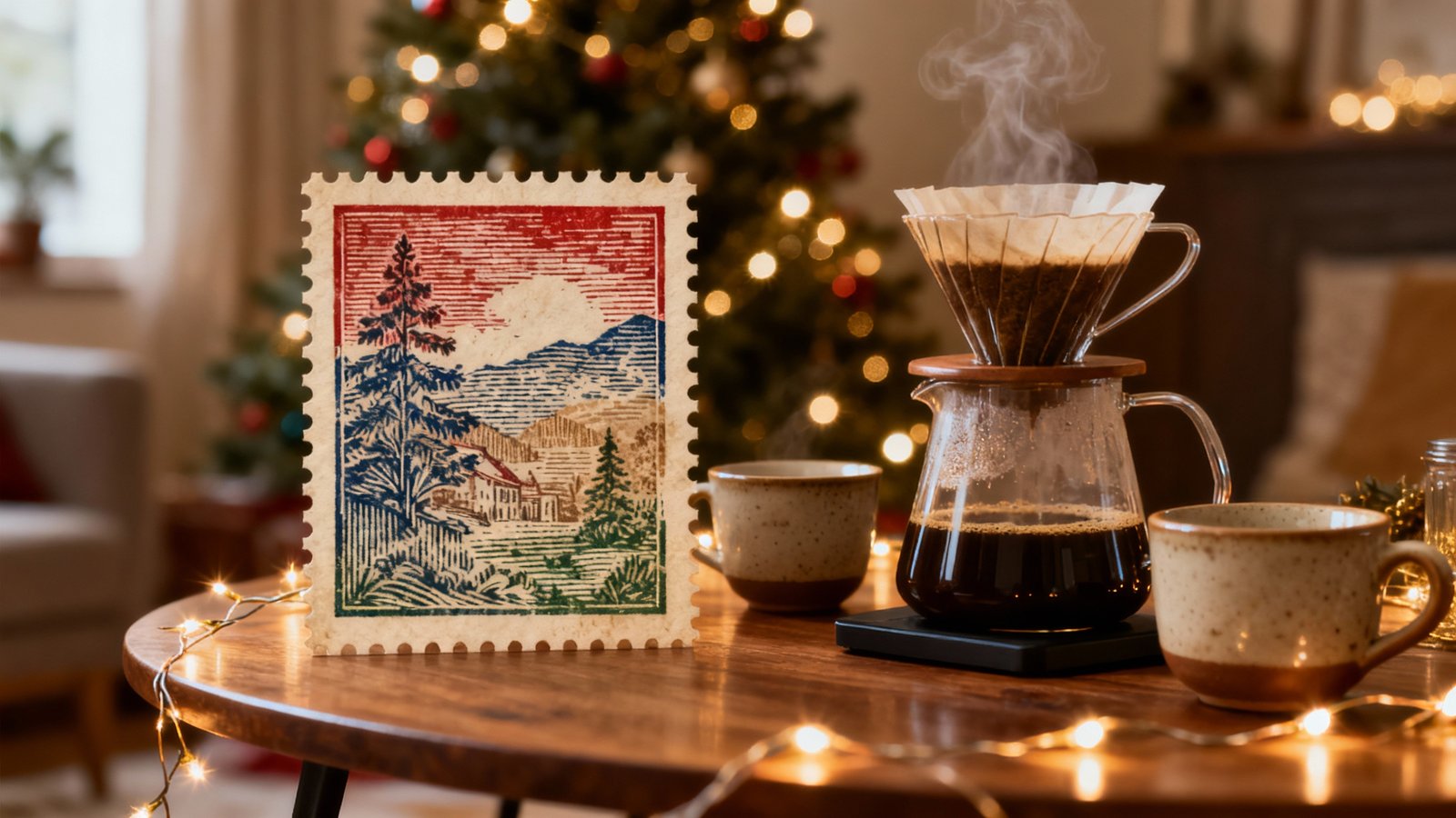 Ambiente navideño cálido con café