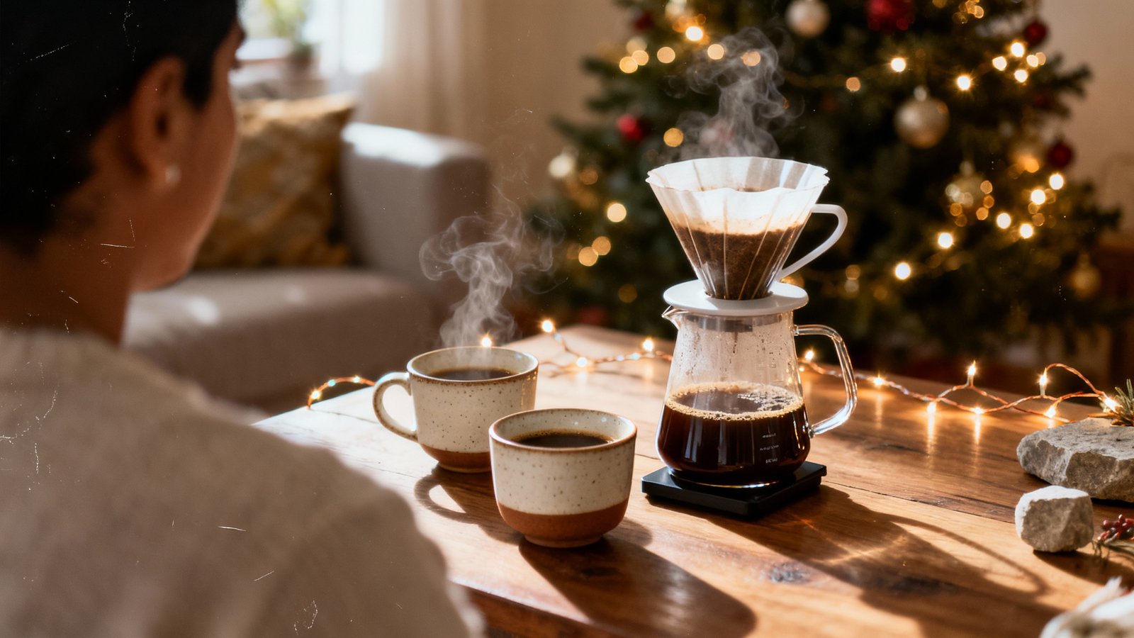 Ambiente navideño cálido con café