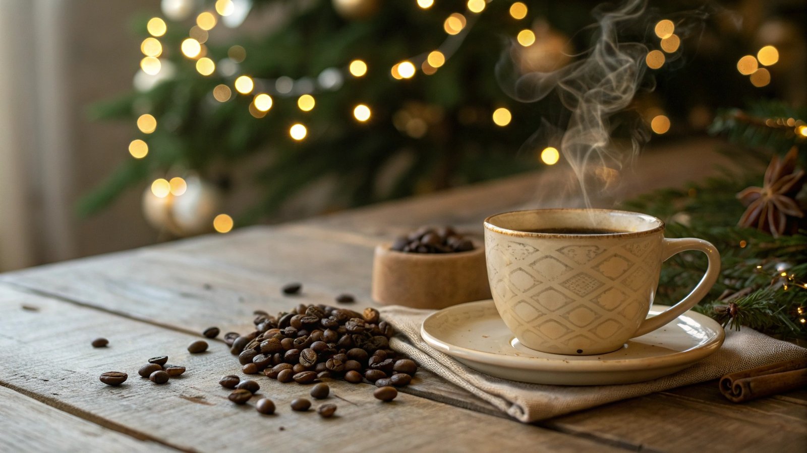 Ambiente navideño cálido con café