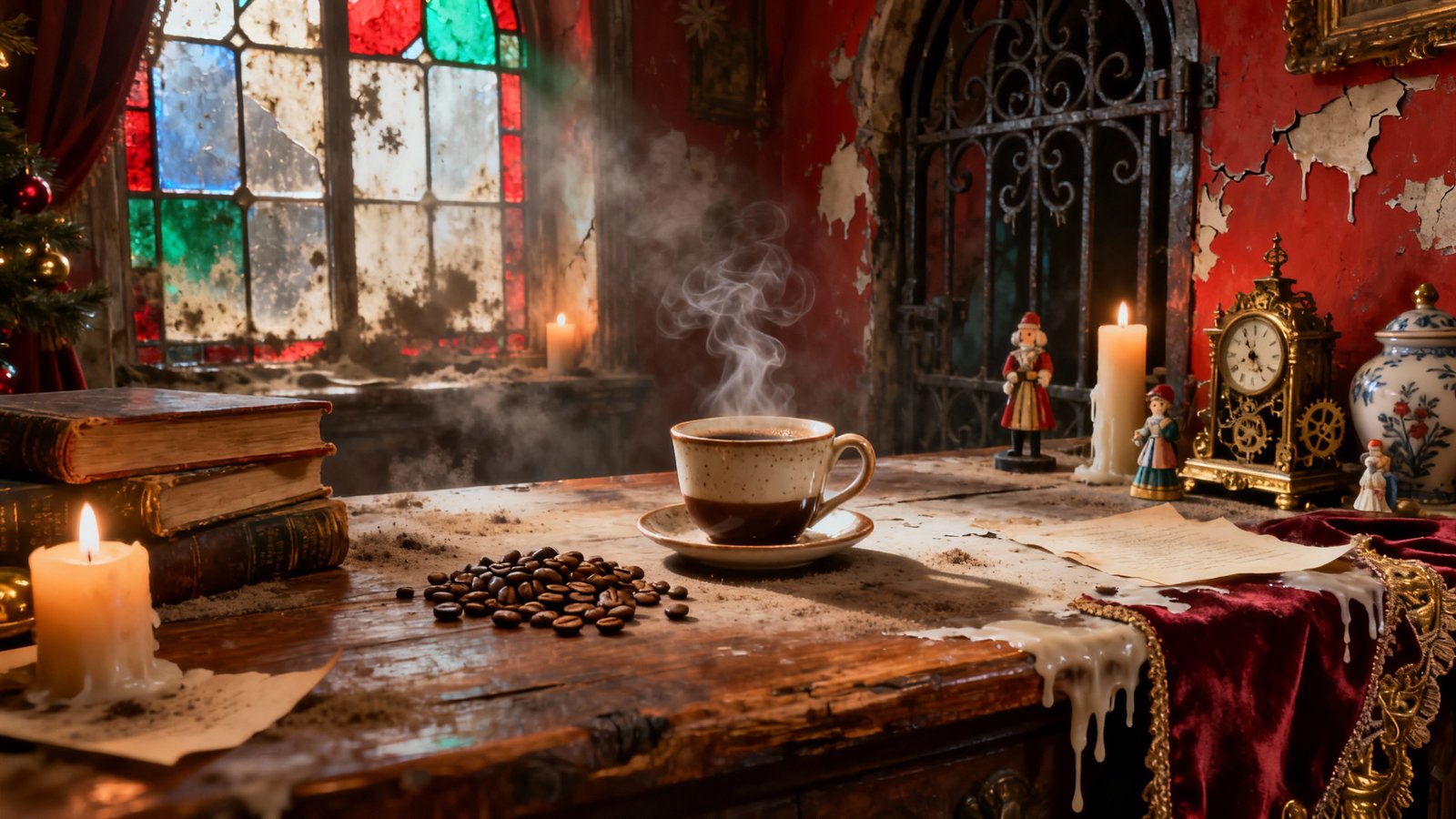 Ambiente navideño cálido con café