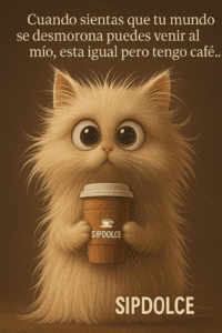 Gato con café y mensaje reconfortante
